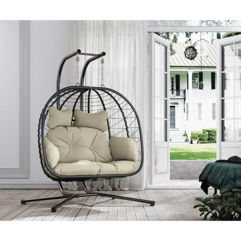 Photo 1 of *****PARTS ONLY MISSING HARDWARE AND CHAIN****Double Wicker Swing Egg Chair Hammock Foldable Hanging Loveseat with Stand, UV Resistant Removable Cushions, 700LBS Capacity for Bedroom, Balcony (Black and Beige)