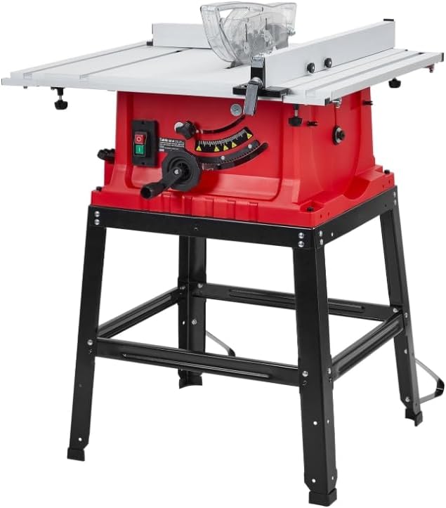 Photo 1 of 10 Inch Table Saw,15 Amp Multifunctional Saw with Stand & Push Stick,Portable Benchtop Table Saw 90° Cross Cut & 0-45° Bevel Cut 5000RPM for Woodworking,Red