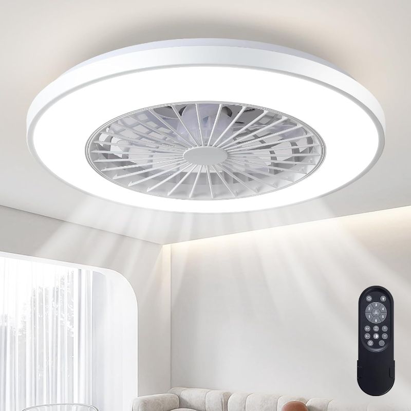 Photo 1 of 20" Enclosed Ceiling Fan with Light and Remote, Flush Mount Bladeless LED Ceiling Fan with Lights, Modern Low Profile Ceiling Fan for Bedroom Living Room Kitchen Dining Room