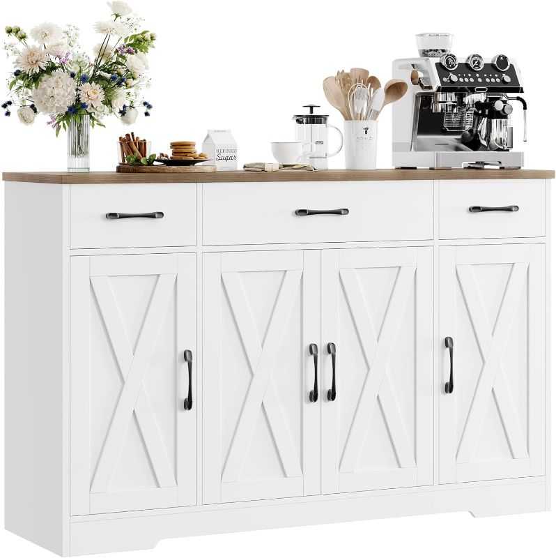 Photo 1 of HOSTACK Buffet Cabinet with Drawers, 55" Large Sideboard Buffet Storage Cabinet with Shelves and Doors, Modern Farmhouse Coffee Bar Cabinet Wood Buffet Table for Kitchen, Dining Room, White/Rustic