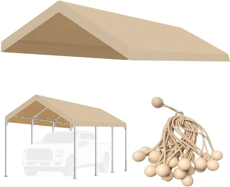 Photo 1 of 10'x20' Upgraded Carport Replacement Top Canopy Cover for Car Garage Shelter Tent Party Tent with Ball Bungees Beige