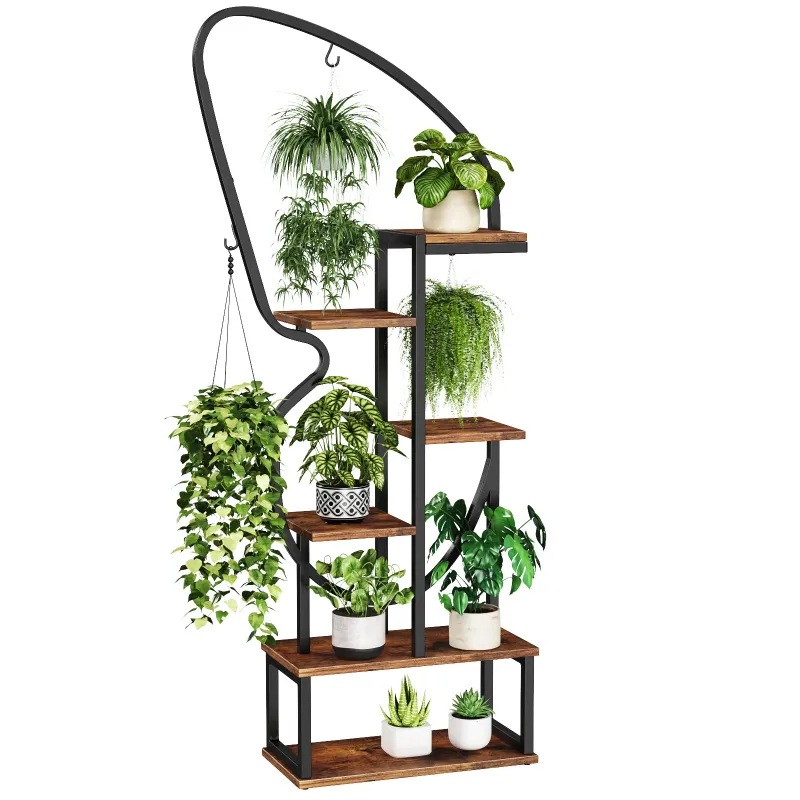 Photo 1 of 6 Tier Metal Plant Stand Indoor Butterfly-Shaped with 6 Hooks & 12 Boards, Large Ladder Plant Shelf with Adjustable Feet for Living Room, Balcony, Garden, Art Studio, 1 Pack