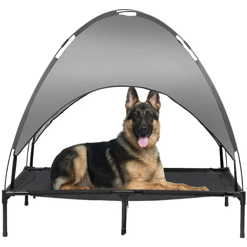 Photo 1 of 31" Elevated Outdoor Dog Bed with Canopy, Cooling Raised Pet Cot with Removable Sunshade for Camping, Deluxe 600D PVC with 2x1 Textilene Dog Bed, Come w/Carry Bag Medium: 31