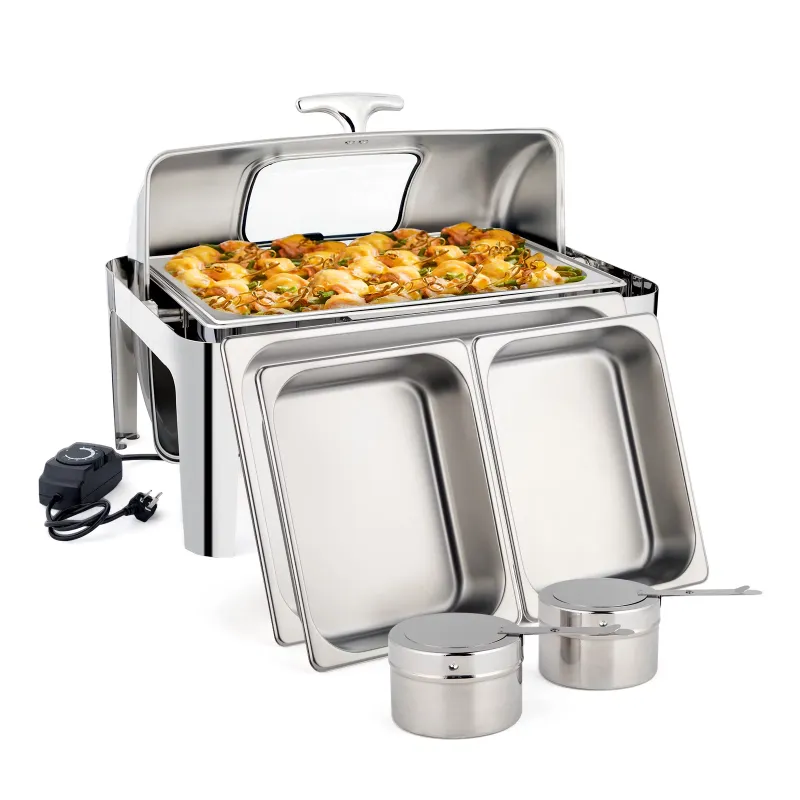 Photo 1 of  9 QT Electric Chafing Dish Buffet Set,Stainless Steel Roll Top Catering Chafer Server Food Warmer with Cover, Full Size & 2 Detachable Food Pans for Party Wedding Banquet Graduation