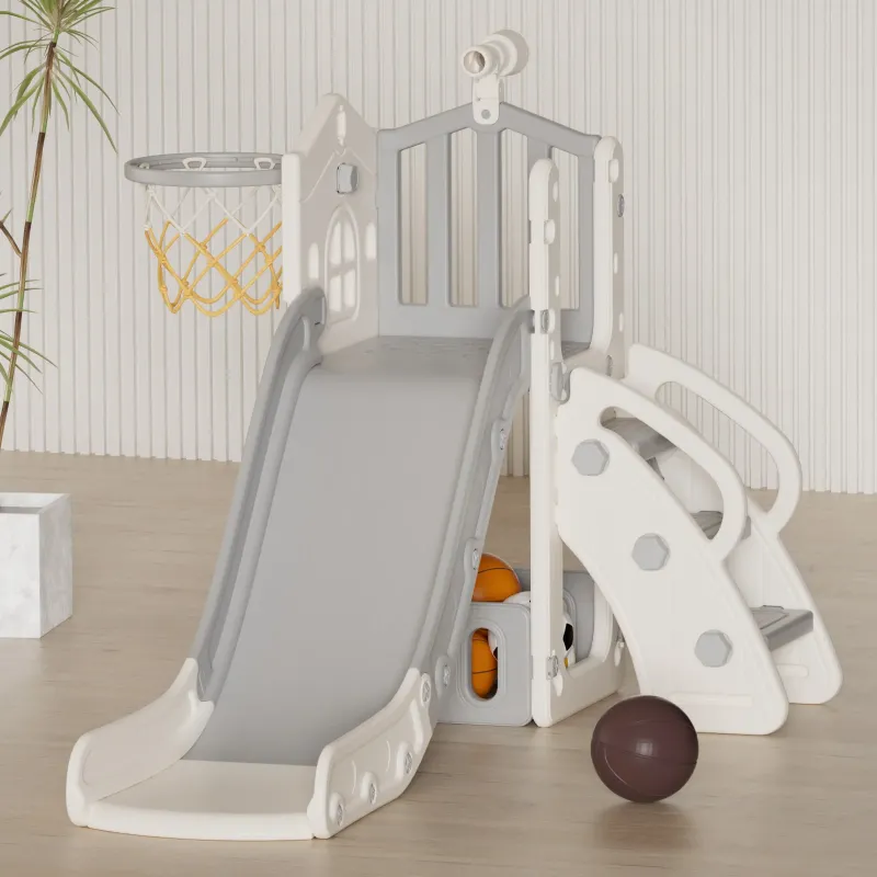 Photo 1 of 5 in 1 Toddler Slide, Kids Climber Slide with Basketball Hoop and Ball, Indoor Outdoor Playset for Toddlers Age 1-4 (Grey)