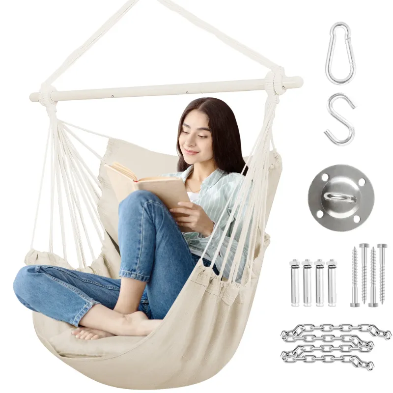 Photo 1 of **METAL SUPPORT BAR ONLY** Large Hammock Chair Swing, Relax Hanging Rope Swing Chair with Detachable Metal Support Bar & Two Seat Cushions, Cotton Hammock Chair Swing Seat for Yard Bedroom Patio Porch Indoor Outdoor