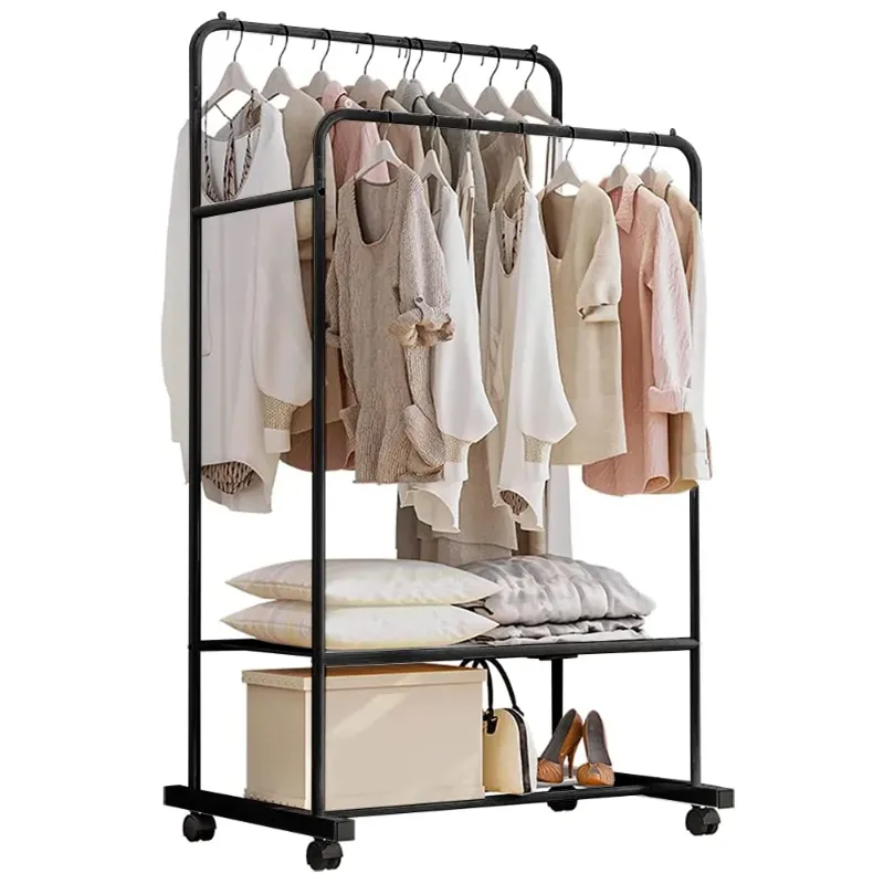 Photo 1 of 2-Tiers Clothing Rack on Wheels , Heavy Duty Garment Rack or Hanging Racks with Shelves , Metal , Black