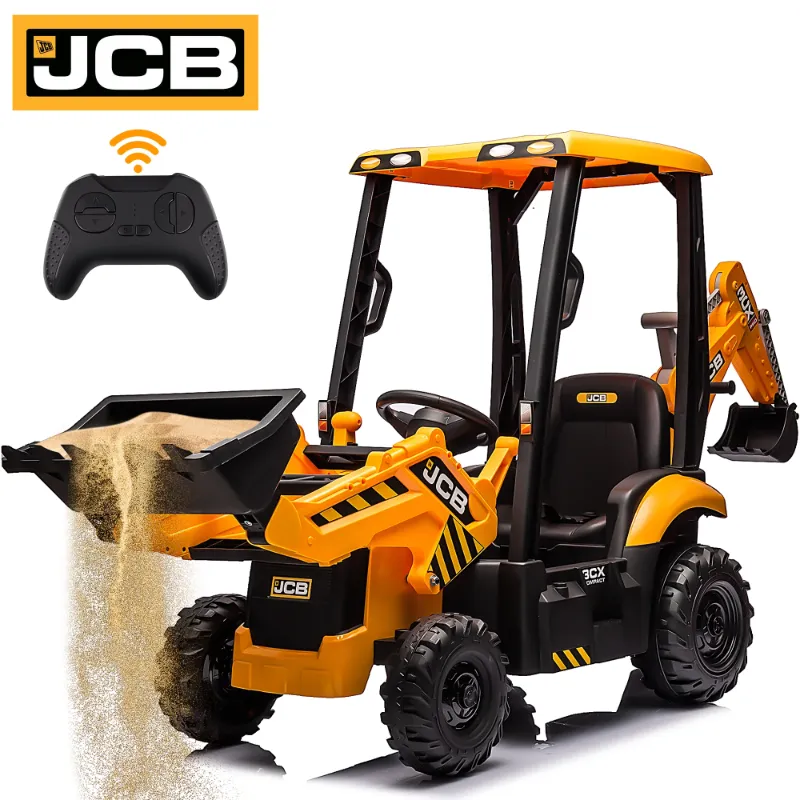 Photo 1 of 12V Kids Ride on Excavator Digger Toy Cars, JCB Battery Powered Electric Tractor with Remote Control, Ride on Construction Truck w/Adjustable Front and Back Loader for 3-6 Boys Girls, Yellow