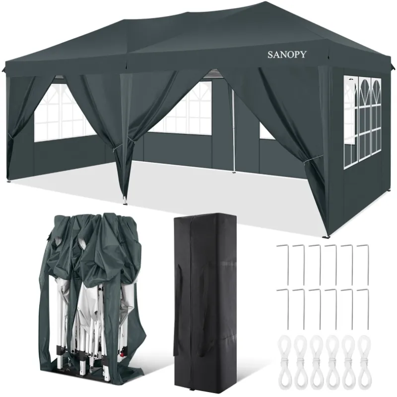 Photo 1 of 10' x 20' EZ Pop Up Canopy Tent Party Tent Outdoor Event Instant Tent Gazebo with 6 Removable Sidewalls and Carry Bag, Dark Gray