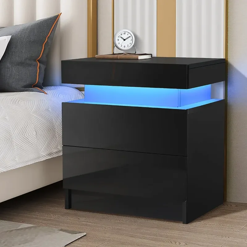Photo 1 of  Drawer Modern Nightstand with RGB LED Light High Gloss Bedside Tables for Bedroom Black