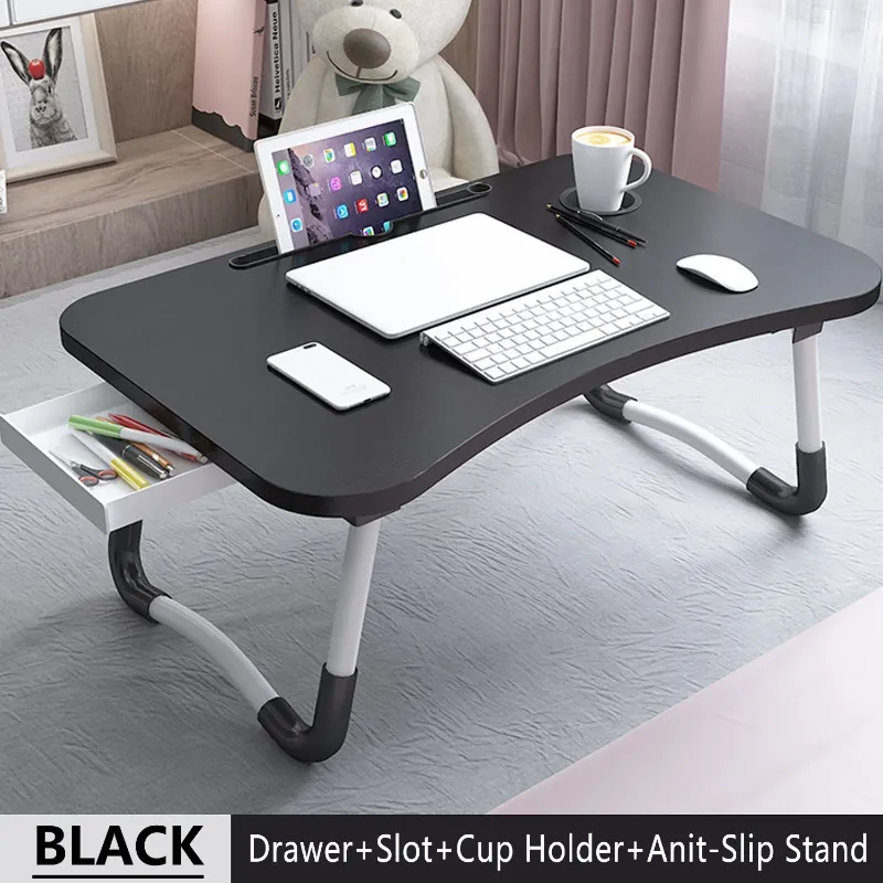 Photo 1 of  Foldable Lap Desk, 23.6 Inch Portable Wood Laptop Desk Table Workspace Organizer Bed Tray with iPad Slots, Cup Holder and Drawer, Anti-Slip for Working Reading