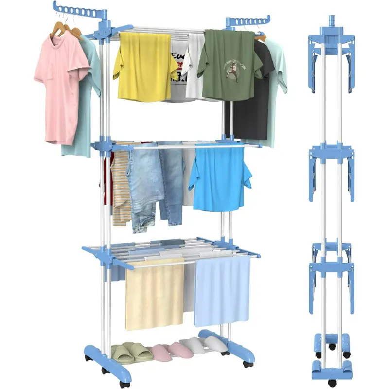 Photo 1 of Clothes Drying Rack with Two Side Wings Rolling Dryer Stand, Easy to Assemble, Indoor Outdoor Use, Blue