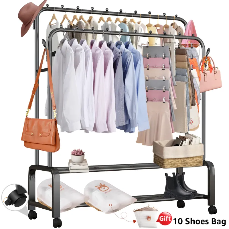 Photo 1 of 2 Tiers Clothes Rack on Wheels Double Rails Rolling Garment Rack Clothes Rack with Shelves Hanging Rack with Side Hooks and Shoes Bag