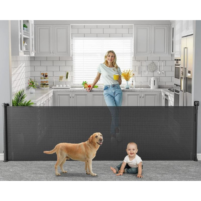 Photo 1 of 118 inch Retractable Baby Gates Extra Wide for Large Opening DynaBliss Retractable Baby Gate for Stairs Doorway Extra Long Dog Gate Adjustable Large Pet Gates for Dogs Indoor Mesh Child Gate (Black)