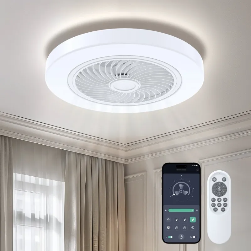 Photo 1 of 21'' Ceiling Fan with Light, 6-Speed Reversible, Dimmable LED Timing with Remote & APP Control, Modern Bladeless Flush Mount Ceiling Fan, White