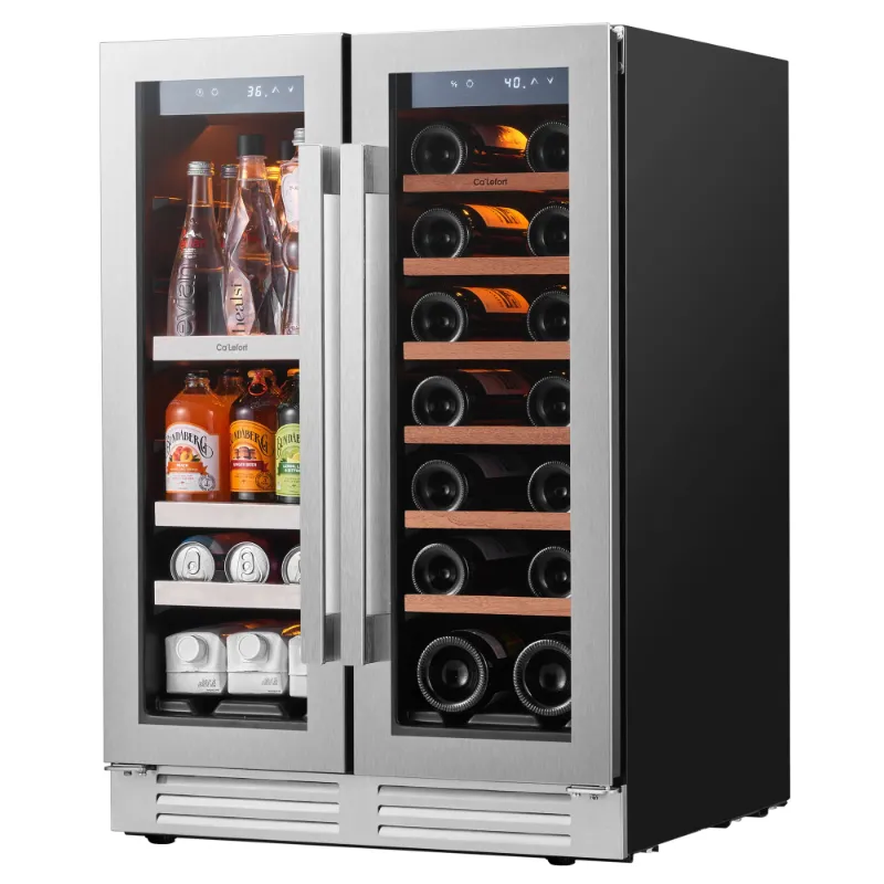 Photo 1 of 24 inch Wine Cooler Beverage Refrigerator, Hold 60 Cans and 21 Bottles Dual Zone Wine Fridge with Stainless Steel French Door