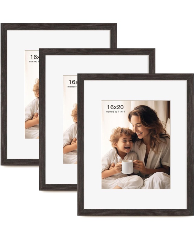 Photo 1 of 16x20 Picture Frame with Mat for 11x14 Set of 3, Black Wood Grain 16x20 Frames for Horizontal & Vertical Wall Mounting (3 Pack?Black)