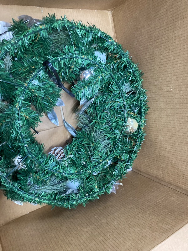 Photo 1 of 24 Inch Pre- Christmas Wreath, Battery Operated Xmas Wreath, Christmas Hanging Decorations with Pine Cones, Silver White Balls, Bow for Front Door Fireplace Outdoor