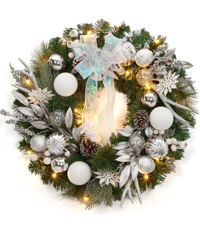 Photo 1 of 24 Inch Pre- Christmas Wreath, Battery Operated Xmas Wreath, Christmas Hanging Decorations with Pine Cones, Silver White Balls, Bow for Front Door Fireplace Outdoor