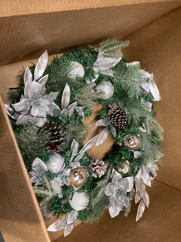 Photo 3 of 24 Inch Pre- Christmas Wreath, Battery Operated Xmas Wreath, Christmas Hanging Decorations with Pine Cones, Silver White Balls, Bow for Front Door Fireplace Outdoor