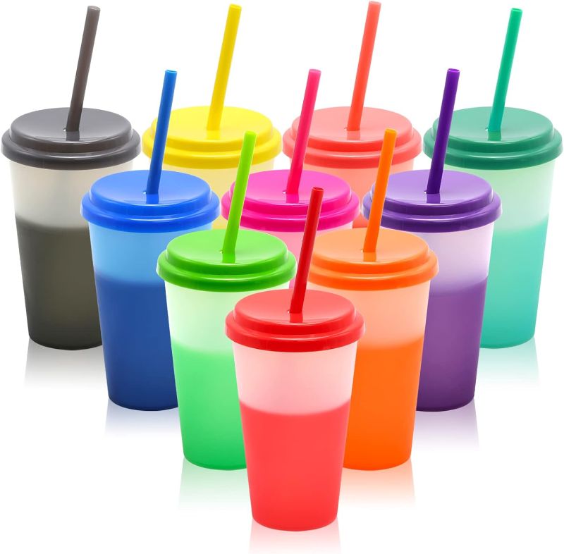 Photo 1 of Color Changing Cups with Lids and Straws 10Pcs 12oz Plastic Cups with Lids and Straws for Iced Coffee Smoothie Color Changing Tumblers with Lids and Straws Kids Cups Reusable Leak Proof Party Cups