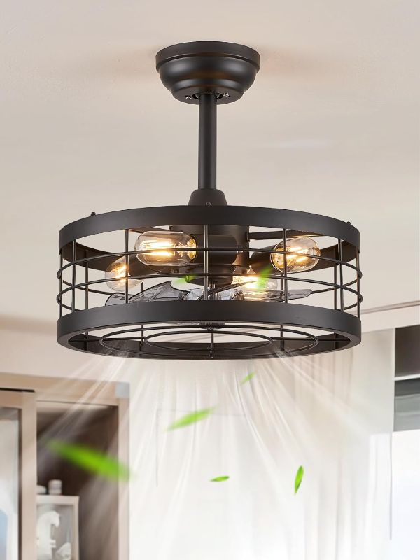 Photo 1 of LEDIARY 16.5 inch Black Caged Ceiling Fan with Light, Bladeless Industrial Ceiling Fan with Remote, Farmhouse Fan Lights Ceiling Fixtures for Kitchen, Bedroom, Outdoor?6 Speed, Timing?-Black

