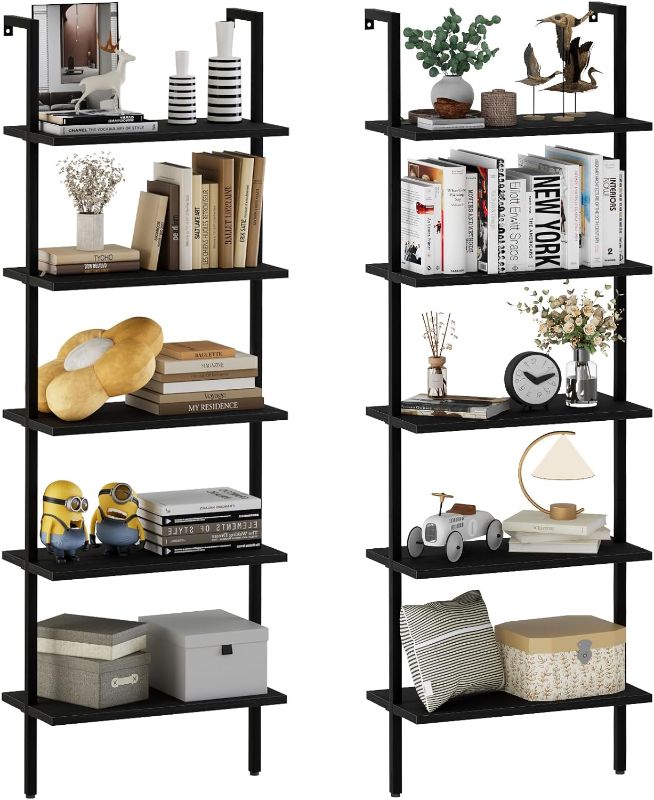 Photo 1 of aboxoo Ladder Shelf 2PCS Open Bookshelf 5-tier Wood Wall-mounted Black Bookcase Storage Rack Open Industrial Modern Plant Stand Utility Organizer Bookcase Metal Frame Furniture Office Kitchen Bedroom
