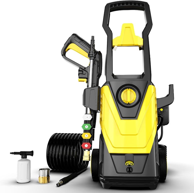 Photo 1 of Electric Pressure Washer 4300 PSI 2.8 GPM Power Washer with 35FT Power Cord, 20FT Hose, 4 Quick Connect Nozzles, Foam Cannon, Hight Pressure Washer for Cars, Garden, Garage, Patios, Yellow