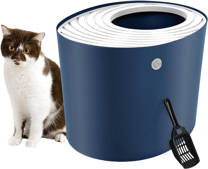 Photo 1 of 
IRIS USA Large Top Entry Cat Litter Box with Scoop, Stylish Round Cat Litter Box Enclosure, Kitty Litter Box, Navy/White
Size:Top Entry