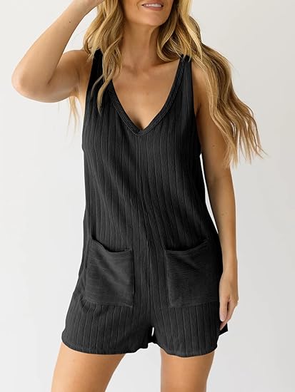 Photo 1 of Cicy Bell Women's Summer Casual Rompers Sleeveless V Neck Ribbed Loose Short Jumpsuits with Pockets