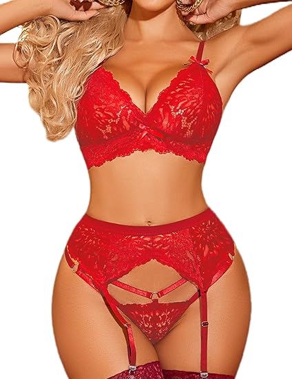 Photo 1 of Avidlove Women Garter Lingerie Set 3 Piece Lace Bra and Panty Set with Garter Blet Sexy Bralette Set