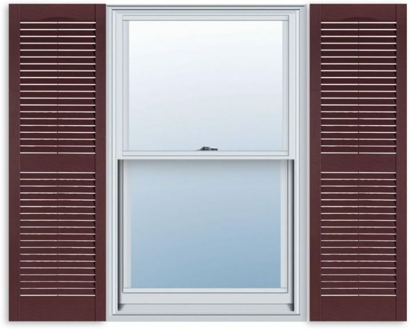 Photo 1 of 15 Inch x 59 Inch Standard Louver Exterior Vinyl Window Shutters, Burgundy (Pair)