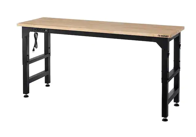 Photo 1 of 6 ft. Adjustable Height Solid Wood Top Workbench in Black for Heavy Duty Welded Steel Garage Storage System
**Design doesn't  have electrical outlet**