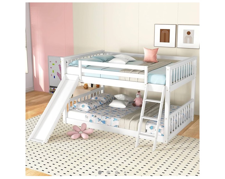 Photo 1 of **** PARTS ONLY *****Full Over Full Bunk Beds for Kids, Low Bunk Bed with Slide and Ladder, Kids Bunk Beds with Full-Length Guardrail and Salts, Wood Bunk Bed Full Over Full, White Bunk Bed Full Size BOX 1 OF 2 