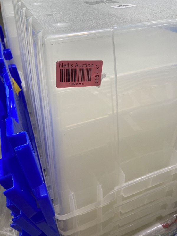 Photo 4 of Akro-Mils 98486 Plastic Storage Container 12 Gallon KeepBox with Hinged Attached Lid, 21-1/2 Inch x 15-Inch x 12-1/2 Inch, Clear/Blue, Pallet of 48 Clear/Blue 12 Gallons 48-Pack