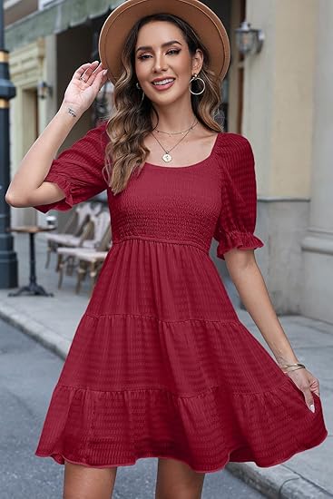 Photo 1 of Dokotoo Womens Summer Dresses 2024 Square Neck Smocked Ruffle Puff Short Sleeve Casual A-Line Babydoll Flowy Mini Dressv 3xl