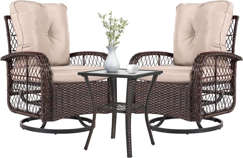 Photo 1 of ****check notes***Aoxun 3 Pieces Outdoor Swivel Rocker Chair Set of 2 with Side Table Wicker Rattan Patio Furniture Set Outdoor Rocking Chair Set for Backyard, Balcony, Deck (3 Piece, Beige)