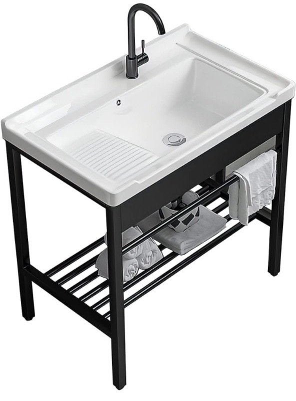 Photo 1 of Freestanding Laundry Utility Sink, 28.3" x 19" x 32.3" Ceramic Utility Sink with Washboard Set with Bracket and Drain Kit for Laundry Room, Utility Room, Garage, Basement, Outdoor and Indoor