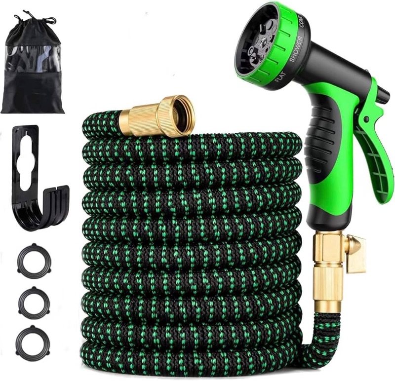 Photo 1 of 100 ft Expandable Garden Hose - Kink Free Flexible Water Hose 100ft with 10 Pattern Spray Nozzle, 3/4 Solid Brass Connectors, Retractable Latex Core - Lightweight Expanding Hose