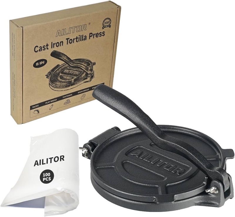 Photo 2 of Cast Iron Tortilla Press 8 Inch - Taco Press and Tortilla Maker Press, Heavy Duty Tortilla Press Cast Iron, Prensa para Tortillas, Tortilladora, Pataconera Press with 100 Pcs Parchment Paper