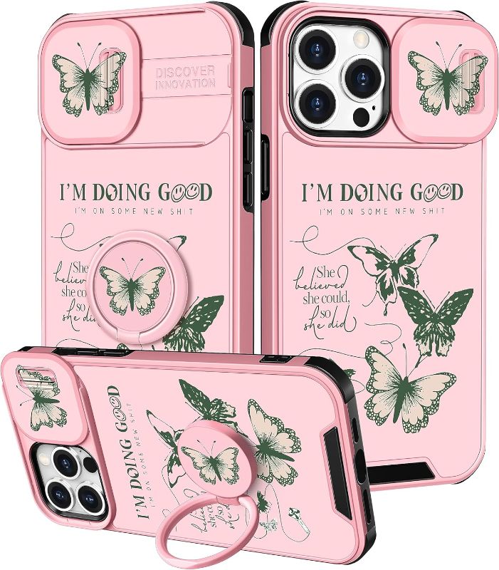 Photo 1 of (2in1 for iPhone 12 Pro Max Case for Women Cute Butterfly Girls Phone Cover Girly Green Butterfly Fashion Pretty Design with Camera Cover and Ring Stand Funda for Apple 12 Pro Max Case
