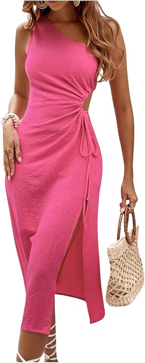 Photo 1 of *** SIMILAR *** EKALIY Women's Summer Dresses One Shoulder Long Sleeve Cut Out Drawstring Split Hem Midi Dress
