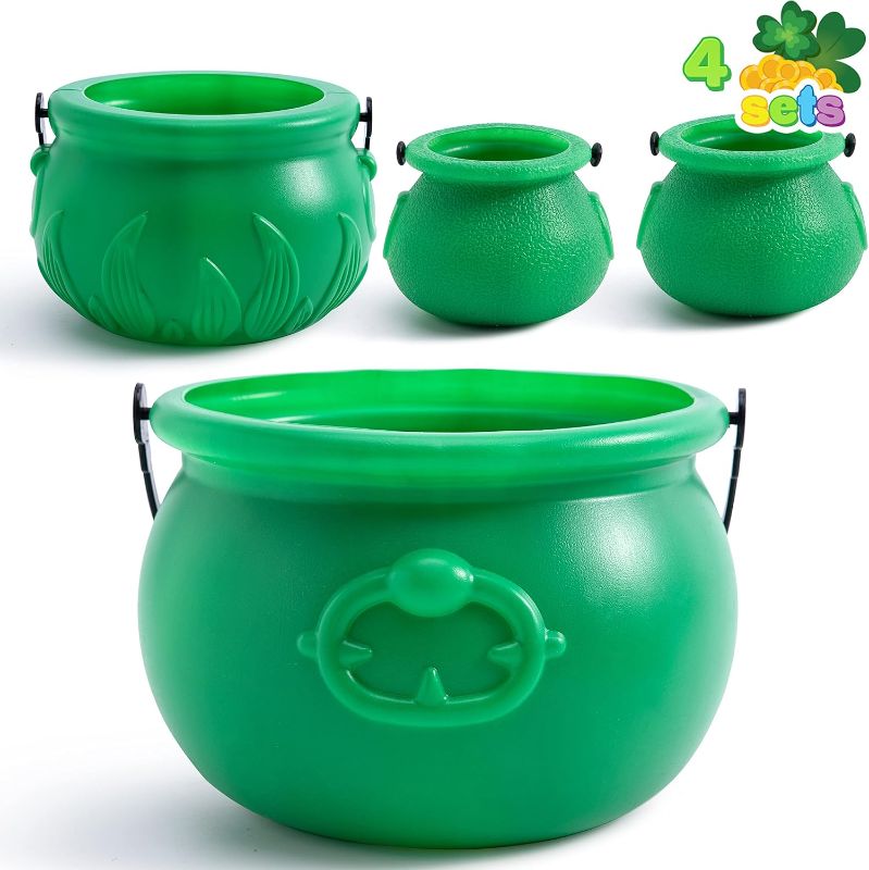 Photo 1 of JOYIN 4PCS St.Patrick's Day Green Cauldrons with Handle Party Supplies Set with 1 Pcs Large, 1 Medium and 2 Small Plastic Lucky Leprechaun Pots