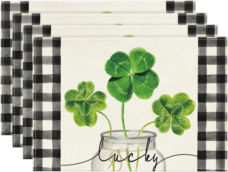 Photo 1 of Artoid Mode Buffalo Plaid Shamrock Lucky St. Patrick's Day Placemats Set of 4, 12x18 Inch Holiday Table Mats for Party Kitchen Dining Decoration
