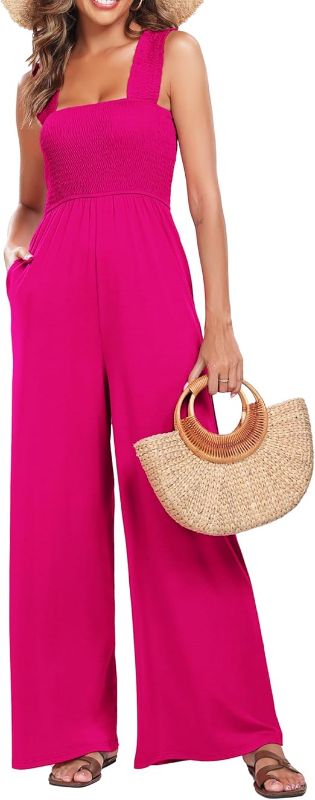 Photo 1 of LYHNMW Jumpsuits for Women Summer Jumpsuit Casual Loose Sleeveless Wide Leg One Piece Jumpsuits with Pockets - XXL Pink