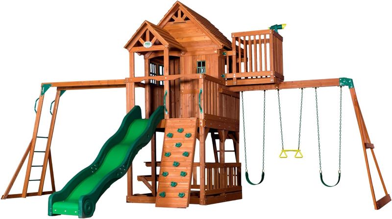 Photo 1 of Backyard Discovery, Skyfort II Playground Cedar Wood Swing Set with Playhouse Fort, Sandbox, Picnic Table, Slide, Monkey Bars, Swings, Rock Climber, Outdoor Playset for kids Age 3-10 years