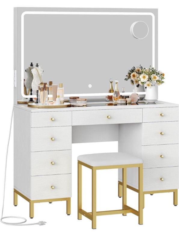 Photo 1 of DWVO Large White Makeup Vanity Desk Set with LED Mirror & Charger Station, Glass Top Vanity with 9 Drawers and Adjustable 3 Color Lighting Modes, Vanity Desk with Chair