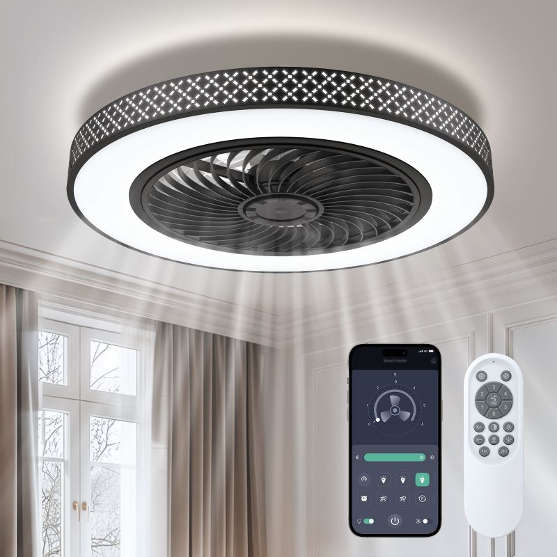 Photo 1 of BLITZWILL 22 in Round Ceiling Fans with Lights, Dimmable Color Temperature and 6 Speeds, Remote & APP Control, Flush Mount Bladeless Reversible Motor, Black
