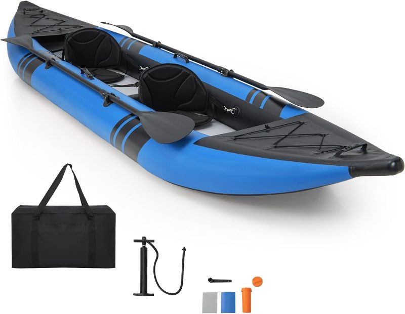 Photo 1 of GYMAX Inflatable Kayak, 12.5Ft 507lbs Tandem Kayak with 2 Aluminum Paddles, 2 Padded Seats, Footrests, 2 Fins, Hand Pump, Carry Bag & Repair Kit, 2 Person Fishing Touring Kayak for Adults Youth