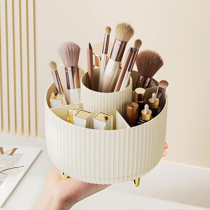 Photo 1 of Makeup Brush Holder Organizer,360° Rotating Makeup Brush Organizer,5 Slot Make up Brushes Cup for Cosmetics, Nail Polish, Art Supply, Bathroom Vanity Desktop Organizer - khaki
